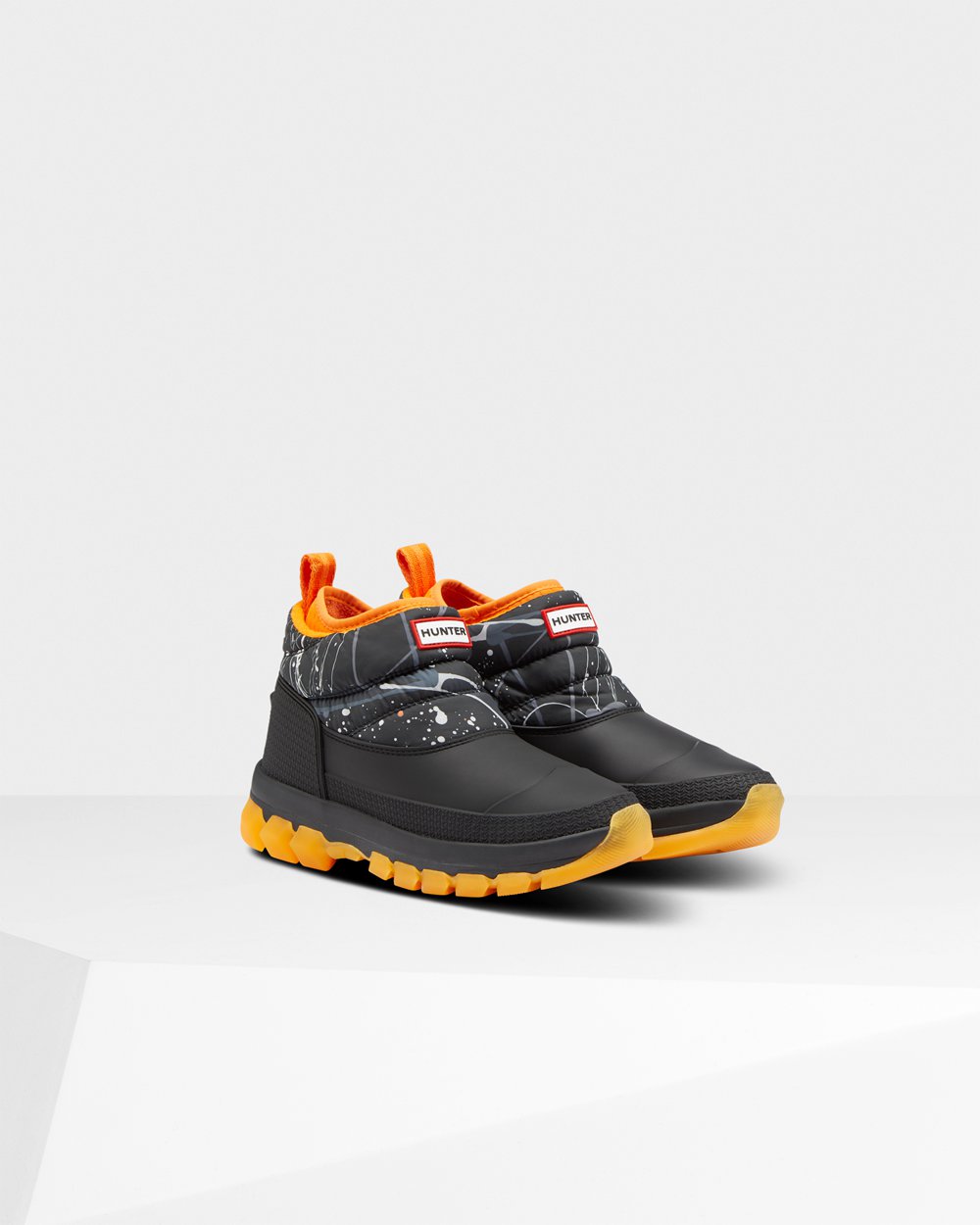 Kalosze Śnieżne Damskie - Hunter Original Printed Insulated Ankle - Szare Czarne - UCNF-03618